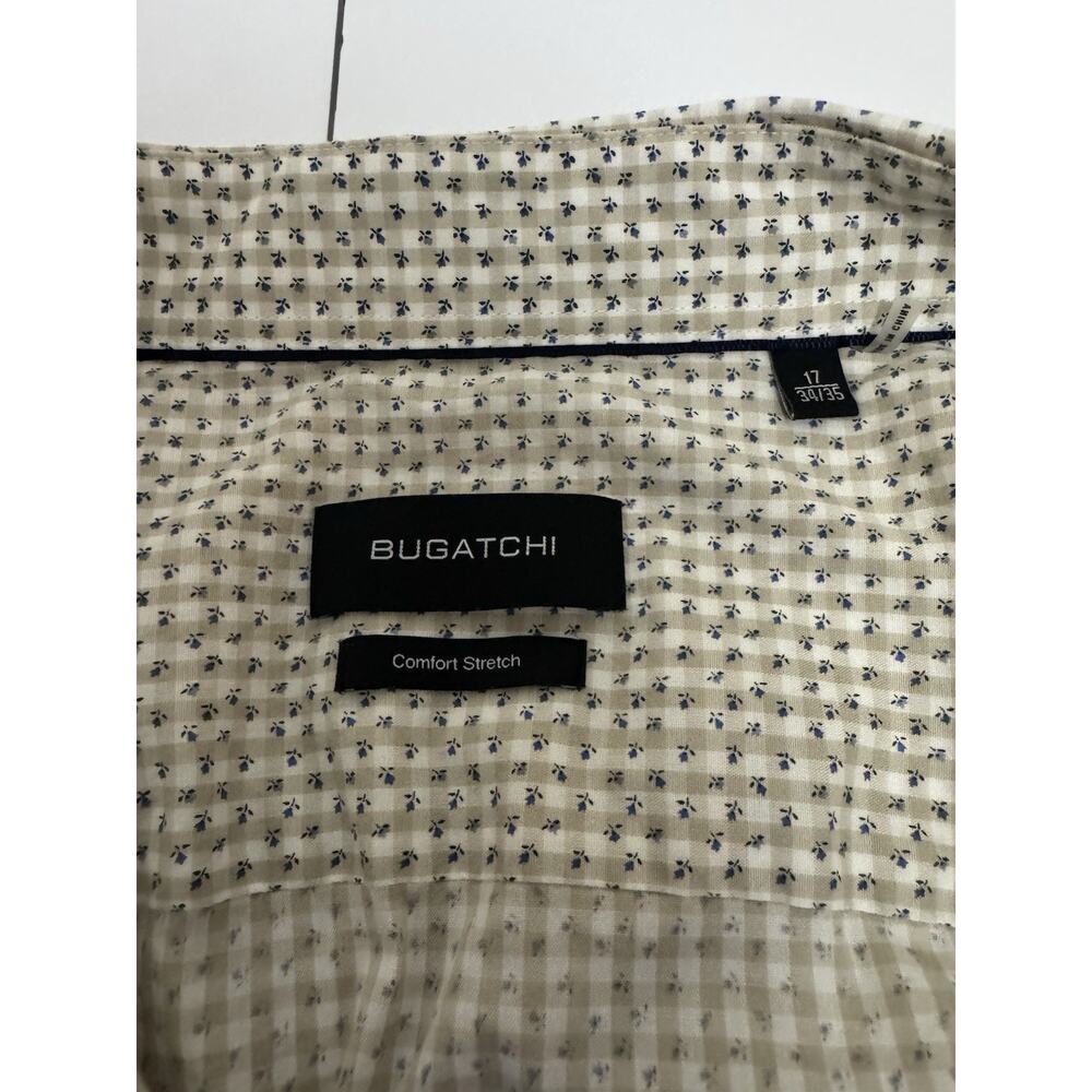 Bugatchi Comfort Stretch Men’s 17 Beige Gingham Floral Print Button-Up Shirt - Picture 9 of 12